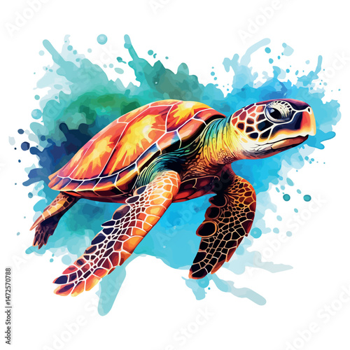 A vibrant sea turtle, a marine reptile with a distinctive shell, swims gracefully underwater near a tropical coral reef