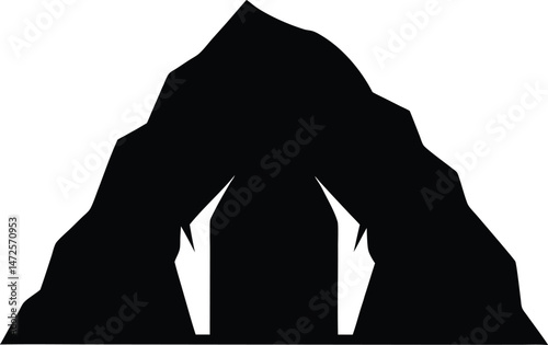 Explore the mysterious cave entrance vector illustration, black and white graphic art silhouette