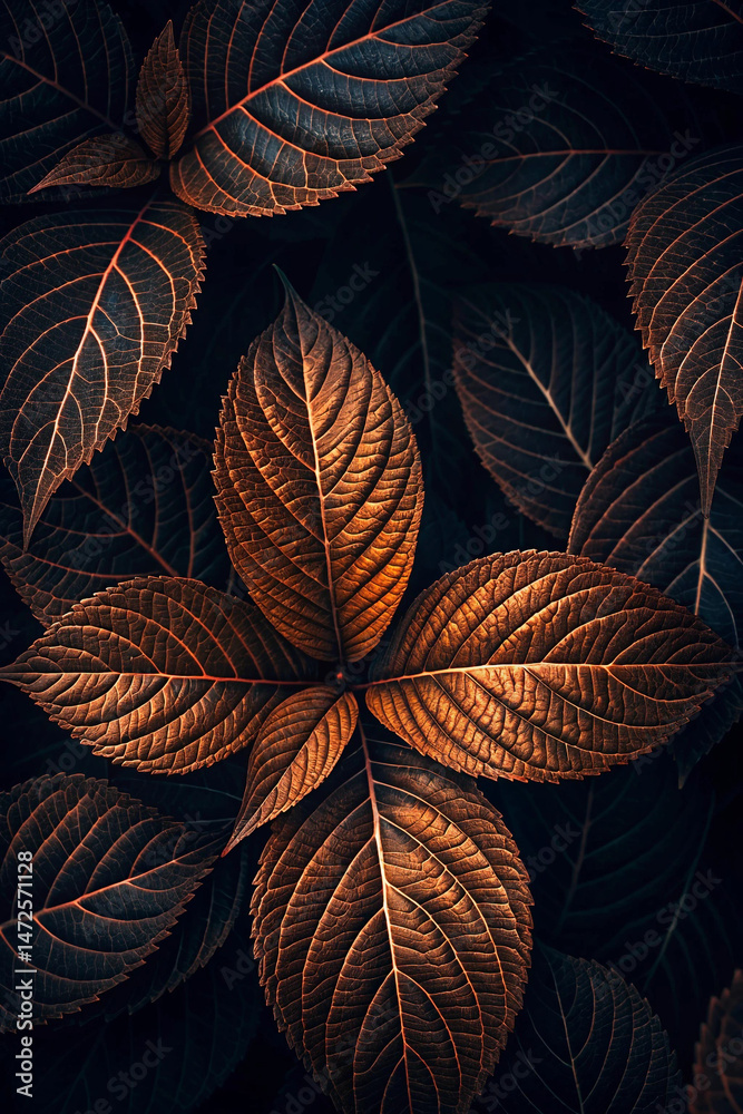 Stunning close up of detailed copper colored leaves illuminated with dramatic lighting Stunning close up of detailed copper colored leaves illuminated with dramatic lighting