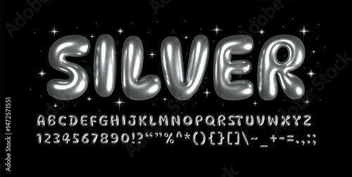 Glossy metallic shiny silver font. Chrome Metal Text Effect.  Realistic Inflated alphabet, 3D ballon letters and numbers in Y2K style