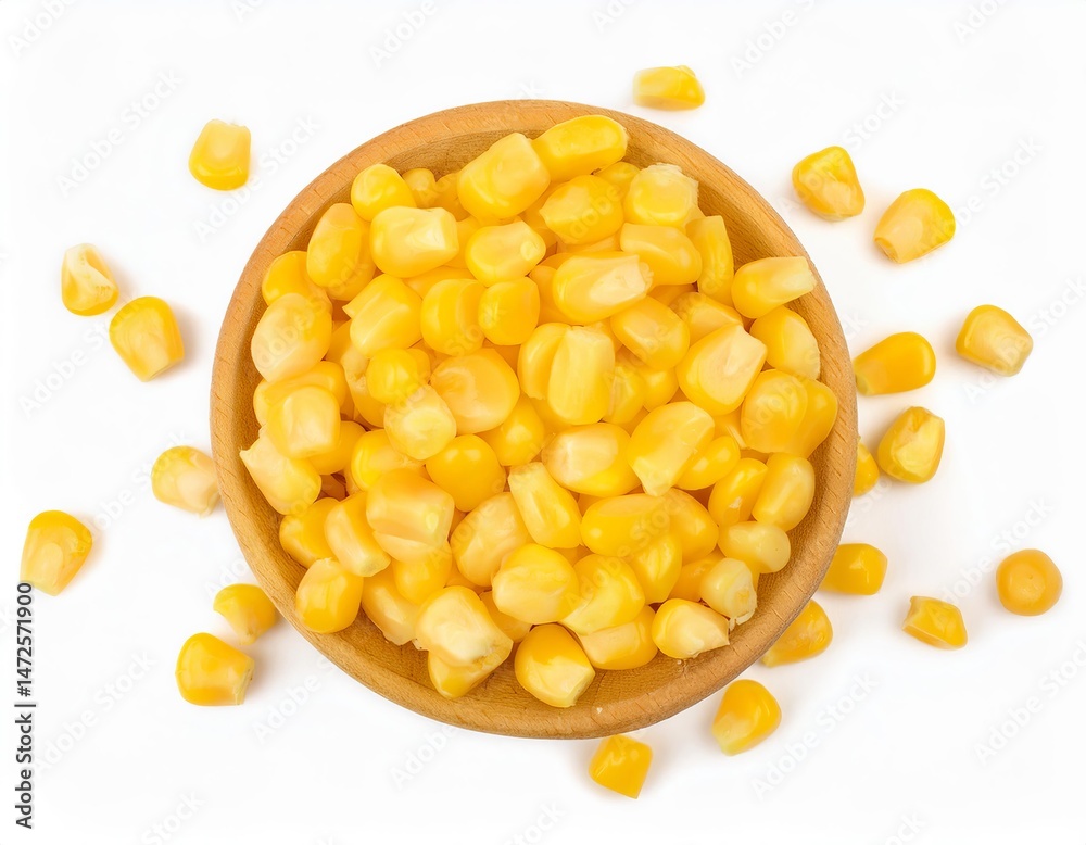Fototapeta premium Wooden bowl overflowing with fresh corn kernels on white background