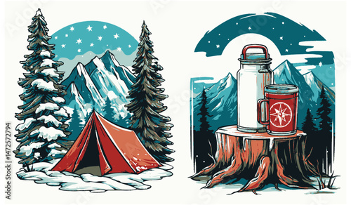 Scenic Nature Illustration with Trail Sign and Mountain Landscape Design