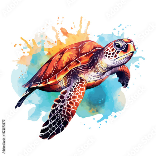 A cute green sea turtle, a slow reptile with a shell, swims underwater in its wild aquatic nature