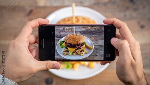 Hands frame a delicious burger through a smartphone lens; the burger fills the phone screen as the photo is snapped in bright natural light