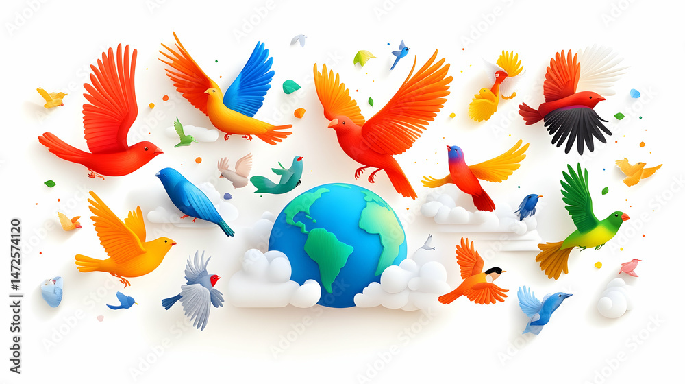 Colorful birds in flight surrounding a globe, symbolizing global unity and environmental harmony Colorful birds in flight surrounding a globe, symbolizing global unity and environmental harmony