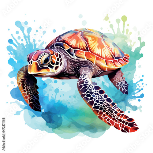 A cute green sea turtle, a slow reptile with a shell, swims underwater in its wild aquatic nature