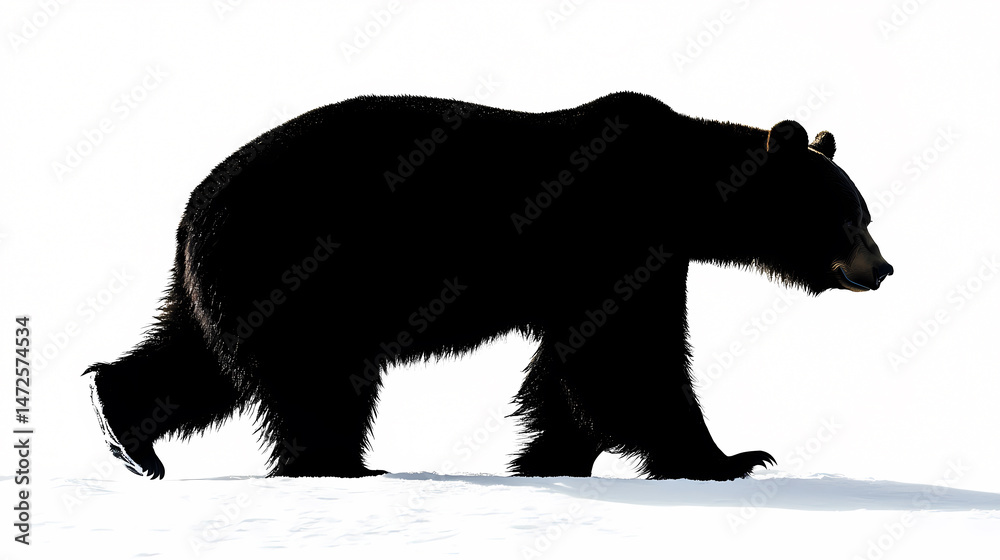 Fototapeta premium Majestic Black Bear's Stroll: A captivating silhouette of a black bear strides gracefully, its powerful form casting a striking outline against the snow.