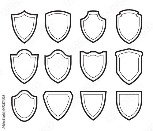 Flat vector icons set of shield shapes. Protect shield security line icons. Badge quality symbol, sign, logo or emblem. Lock shield cyber security technology. Heraldic shield set. Protect shapes