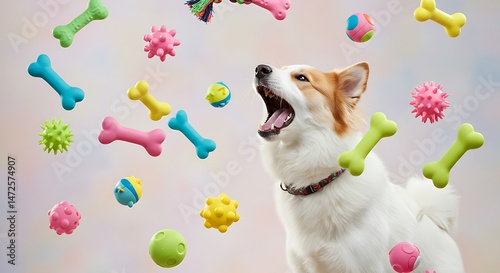 A screaming dog surrounded by floating squeaky toys