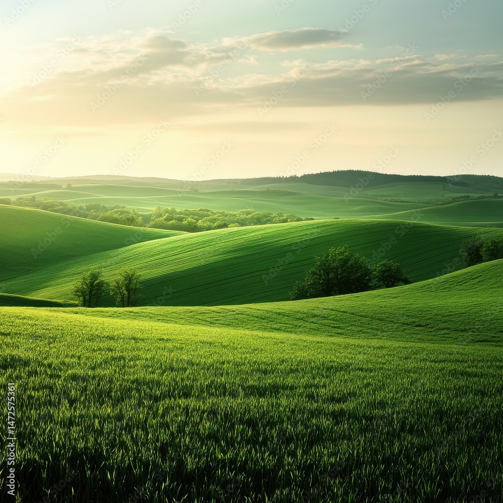 Obraz premium Green Tone Nature: Serene Landscapes with Large Empty Spaces for Text Messages.