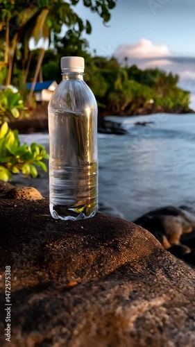 Crystal clear water bottle sitting atop a textured rock with soft light and blurred tropical ocean backdrop and vegetation