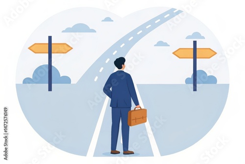 Man in Business Suit Standing at Crossroads with Directional Signs
