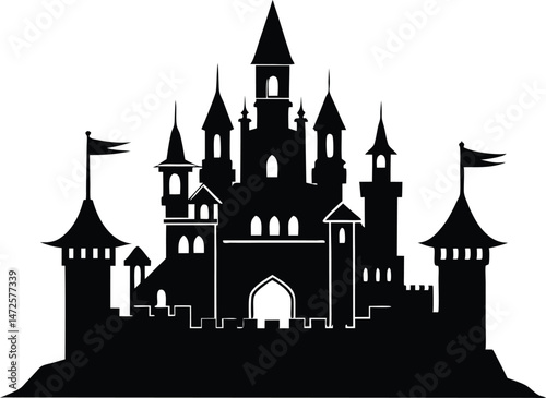 Silhouette castle silhouette, fantasy fortress clipart, fairy tale kingdom vector illustration