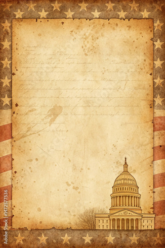 Vintage american capitol building background with flag stripes and star border design