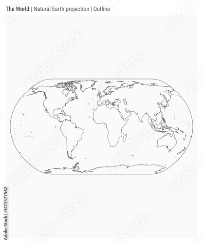World Map. Natural Earth projection. Outline style. High Detail World map for infographics, education, reports, presentations. Vector illustration.