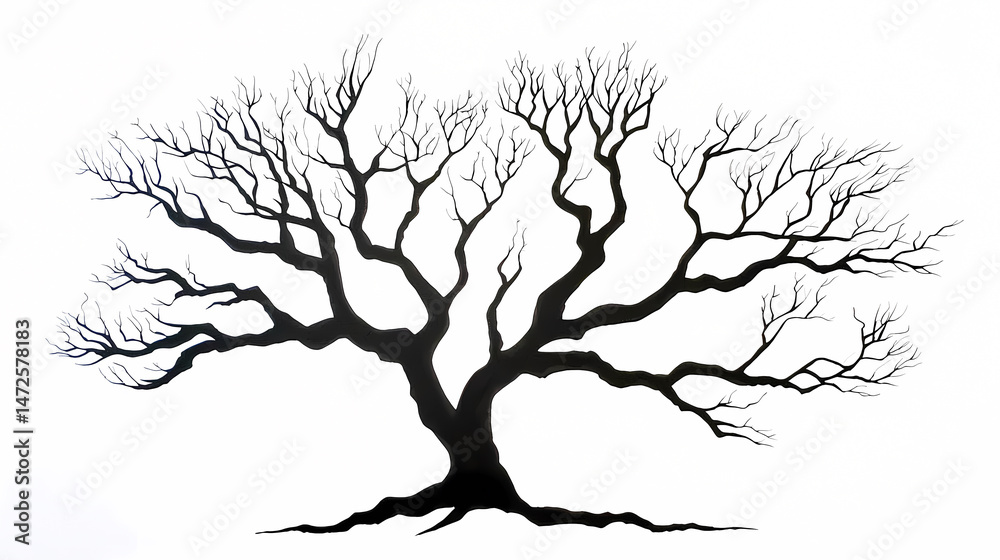Fototapeta premium Bare Silhouette: A minimalist silhouette of a tree with a sprawling branch structure, evoking the serene beauty of nature in stark contrast.