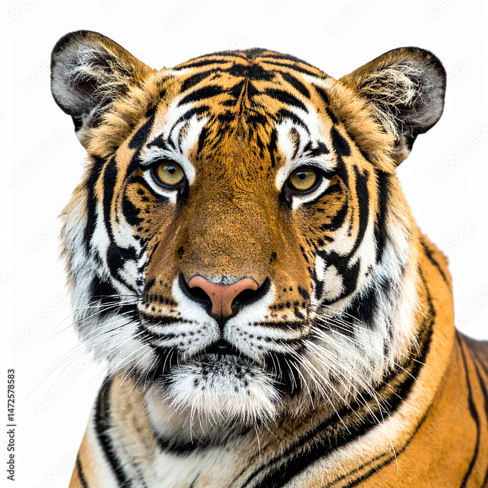 Fototapeta premium Majestic tiger staring with intense gaze on white background
