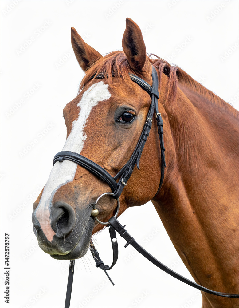 Fototapeta premium Chestnut horse wearing a bridle posing against white background
