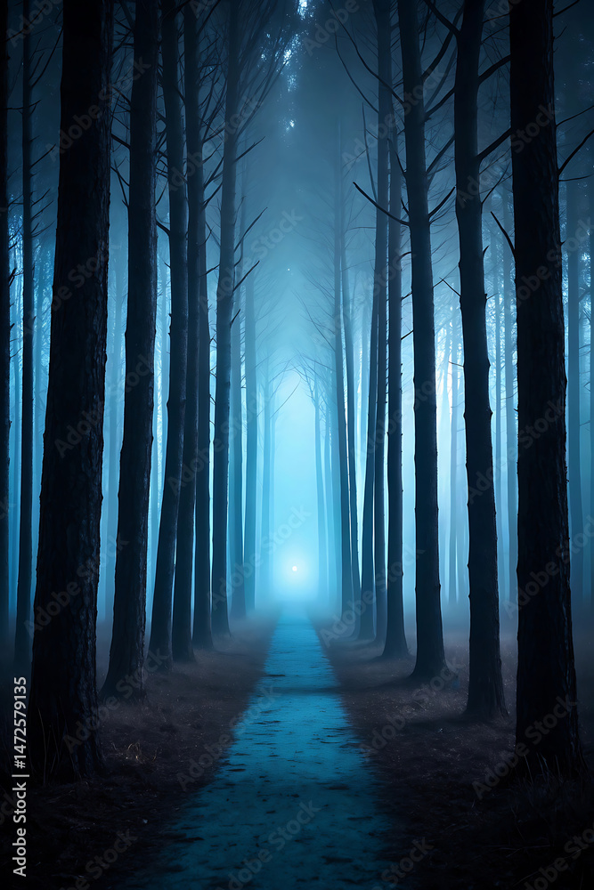 Naklejka premium A mystical path through a dense forest bathed in ethereal blue hues and fog