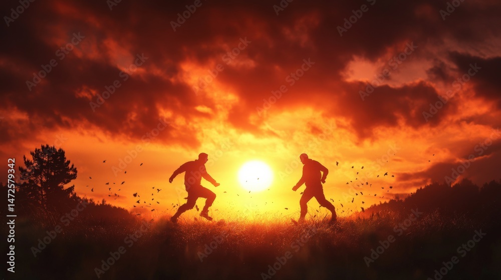 Silhouetted men running in sun Silhouetted men running in sun