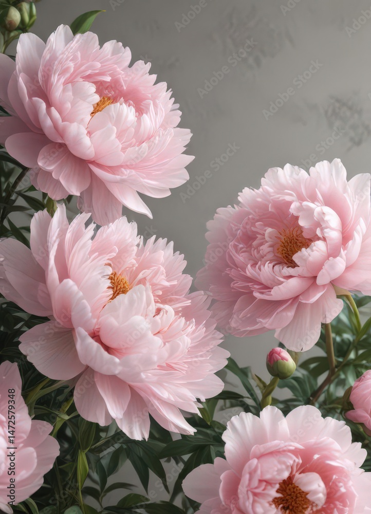 Fototapeta premium Soft pink peony blossoms, full bloom, elegant floral backdrop, peony bloom, delicate, soft petals
