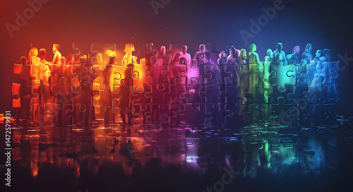 Wallpaper Mural Colorful puzzle pieces form diverse group of people. Concept of teamwork, business structure. Visualizes company departments, teams. Illustrates hiring new employees. Emphasizes cooperation, Torontodigital.ca