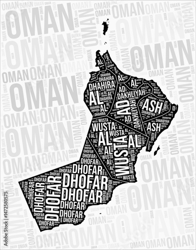 Oman regions map word cloud. Oman region names. Black and white map design. Classy vector illustration.