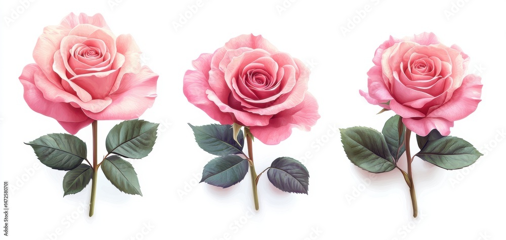 Fototapeta premium Three Pink Roses on White Background