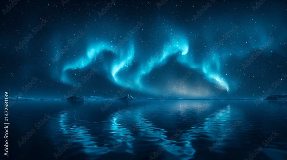 Fototapeta premium Stunning aurora borealis reflected in calm arctic waters.