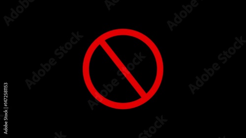 Simple Ban icon. Warning, stop or no entry forbidden red color circle and line symbol icon animation on a black background.