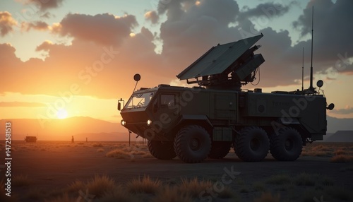 Military Vehicle at Sunset in the Desert