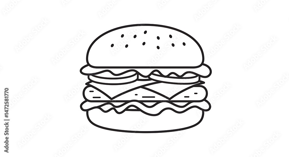 Burger Illustration Line Art with Filling on White Background Burger Illustration Line Art with Filling on White Background