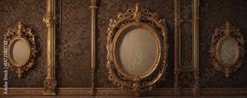 Ornate frames, varied shapes, rich damask backdrop , regal, design