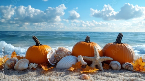 Beach pumpkins and shells adorn sandy shore under blue sky with ocean waves