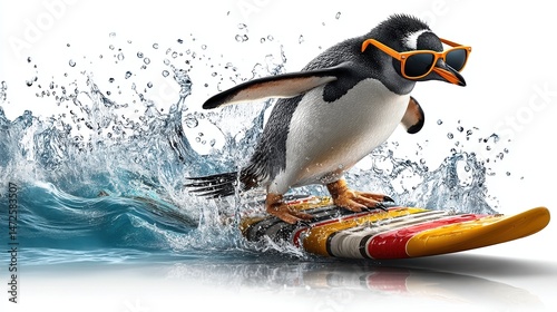 Penguin wearing sunglasses surfing on colorful board amid splashes of ocean water