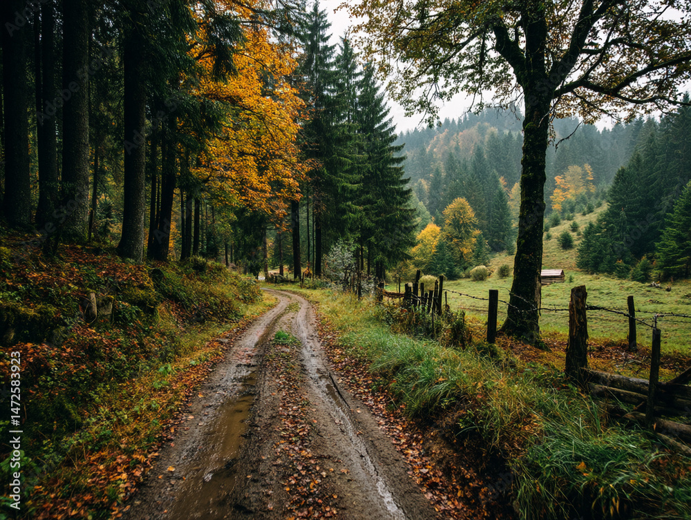Fototapeta premium Rural path winding through golden autumn woods 32k, full ultra hd, high resolution