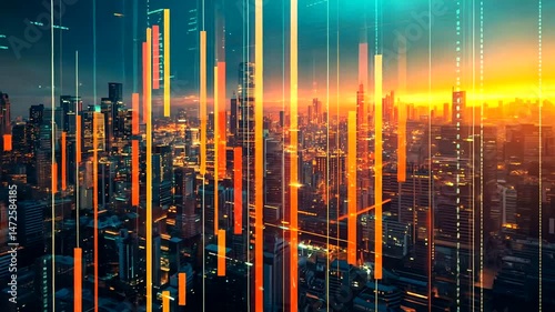 Illuminated skyscrapers in a dense city at sunset, with vibrant orange and yellow data bars ascending, visualizing urban metrics