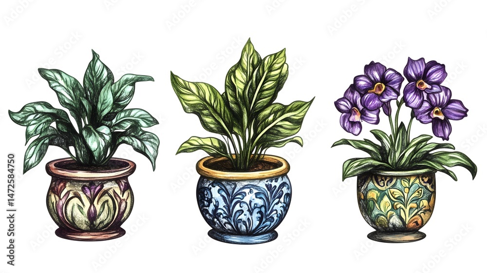 Obraz premium Charming Hand-Drawn Houseplants in Ornate Pots Adding Whimsical Flair to Home Decor