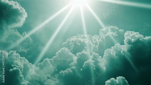 Heavenly clouds with sunbeams streaming through.
