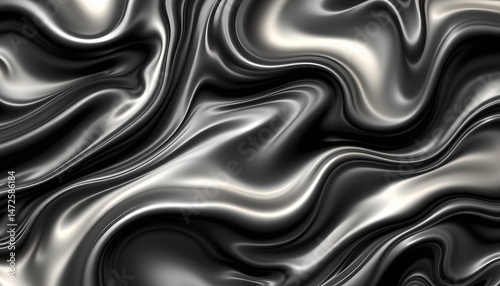 3d render of a liquid fluid abstract background in shades of black pearl and graphite silver
