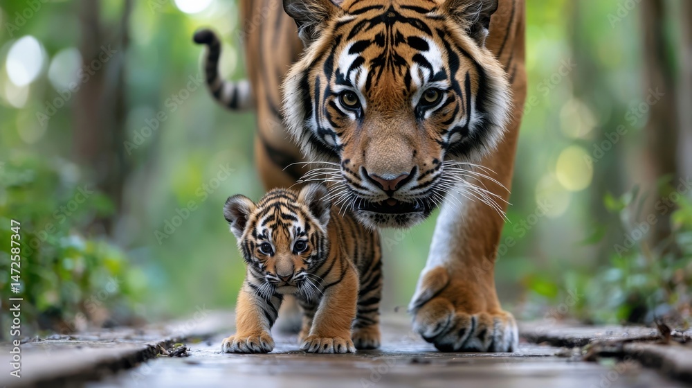 Obraz premium Mother Tiger & Cub Walking in Jungle