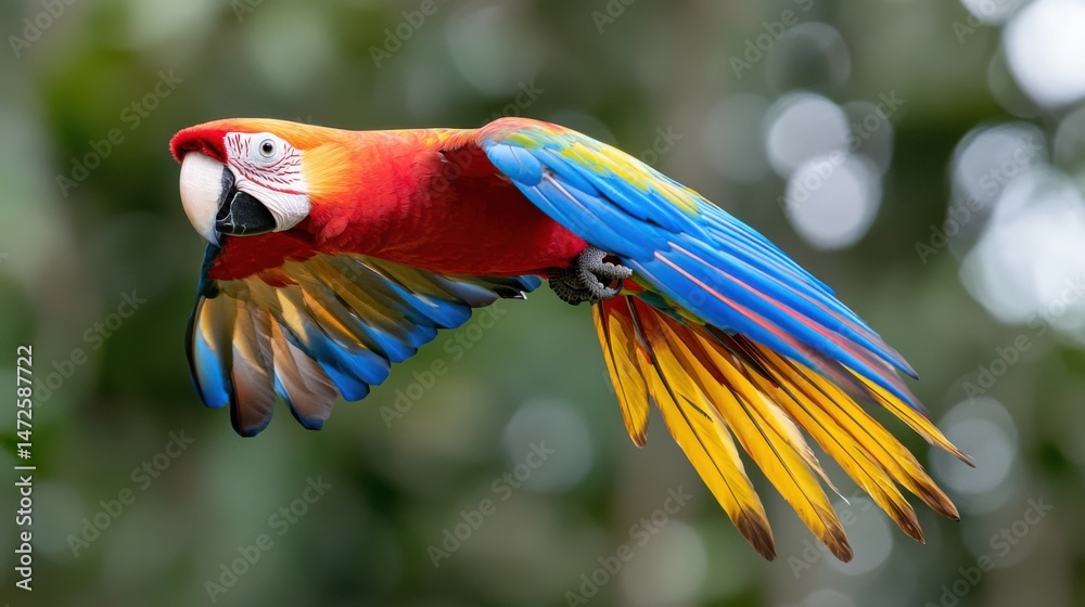 Fototapeta premium Scarlet Macaw in Flight, Vibrant Tropical Bird