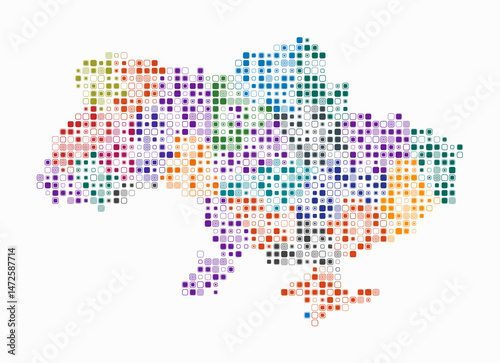 Ukraine, shape of the country build of colored cells. Digital style map of the Ukraine on white background. Small size rounded square blocks. Simple vector illustration.