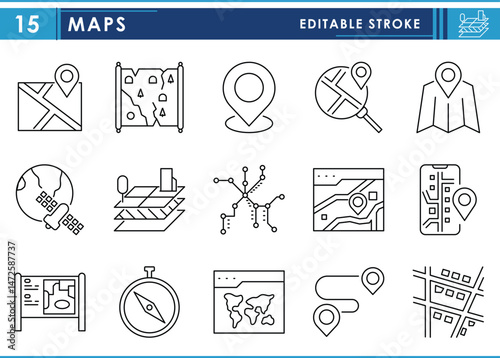 A set of line icons related to Maps. Map, paper, online, mobile, location, railway, land use, layers, presentation, and so on. Vector editable stroke.