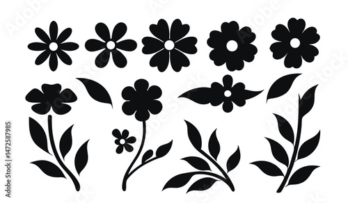 Flower Vector, Monochrome Floral Collection, Simple Flower, Leaf & Stem Vector Graphics  On a White background