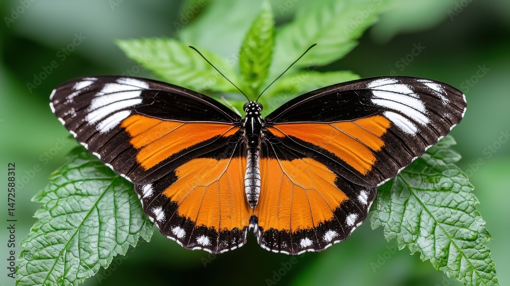 Fototapeta premium Stunning Orange & Black Butterfly on Leaf