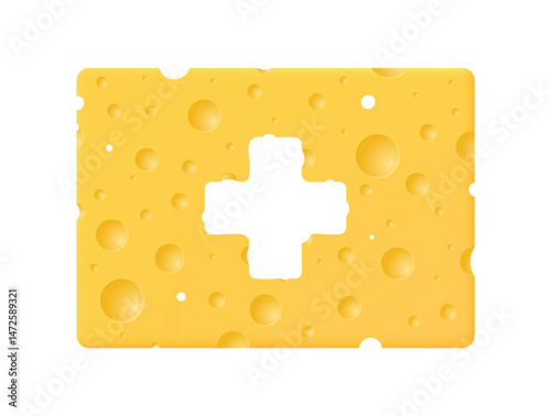 Switzerland flag in the shape of cheese on a white background. Bright yellow color and round holes enhance the aesthetics of the food