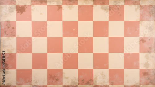 Distressed cherry checkerboard with aged appearance and weathered details in perfect geometric pattern under neutral light.