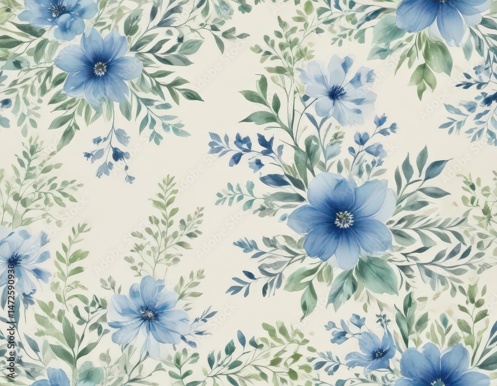 Fototapeta premium Delicate blue & green watercolor floral pattern on creamy white , nature, art, petal