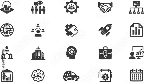 Business Icon Set: A comprehensive and professional array of business icons, perfectly suited for presentations, websites, or any design project requiring a touch of modern, clean graphics.